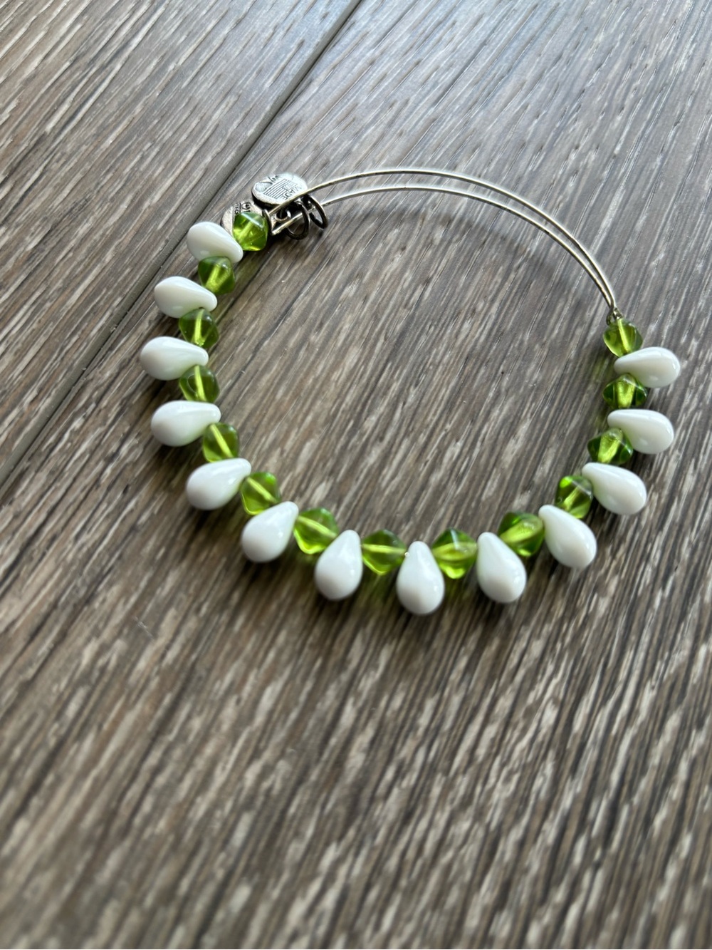 Alex and Ani White and Green Teardrop Bead Expandable Bangle